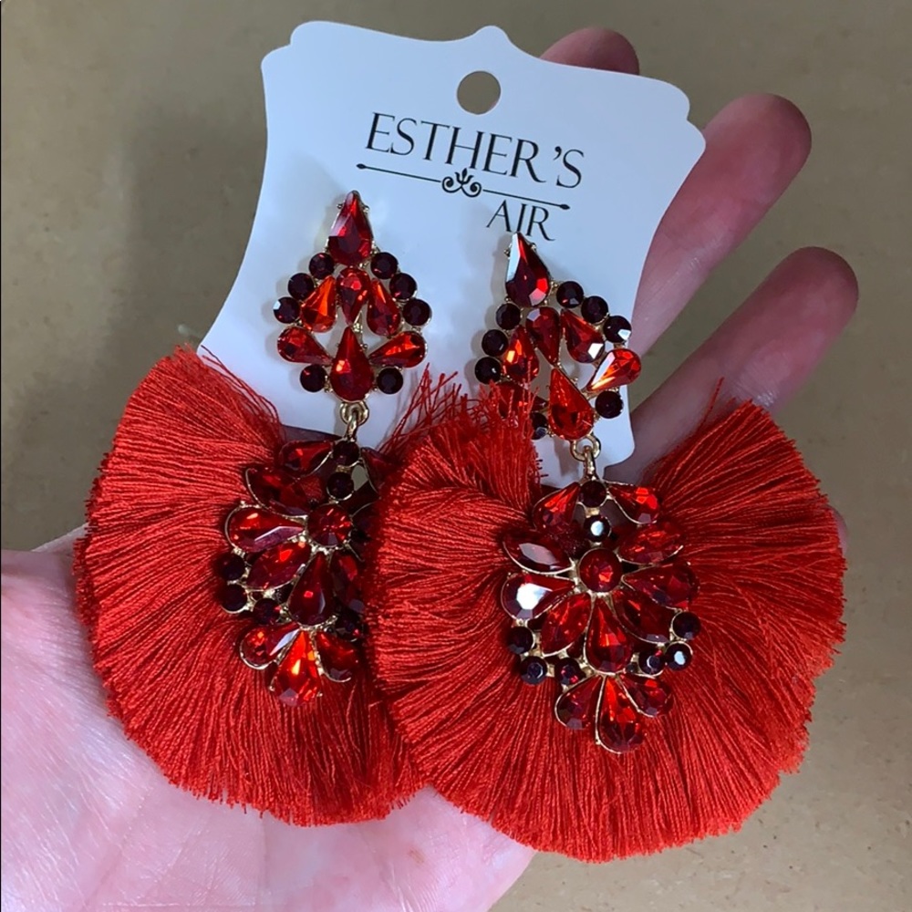 Red Coral tassel statement earrings